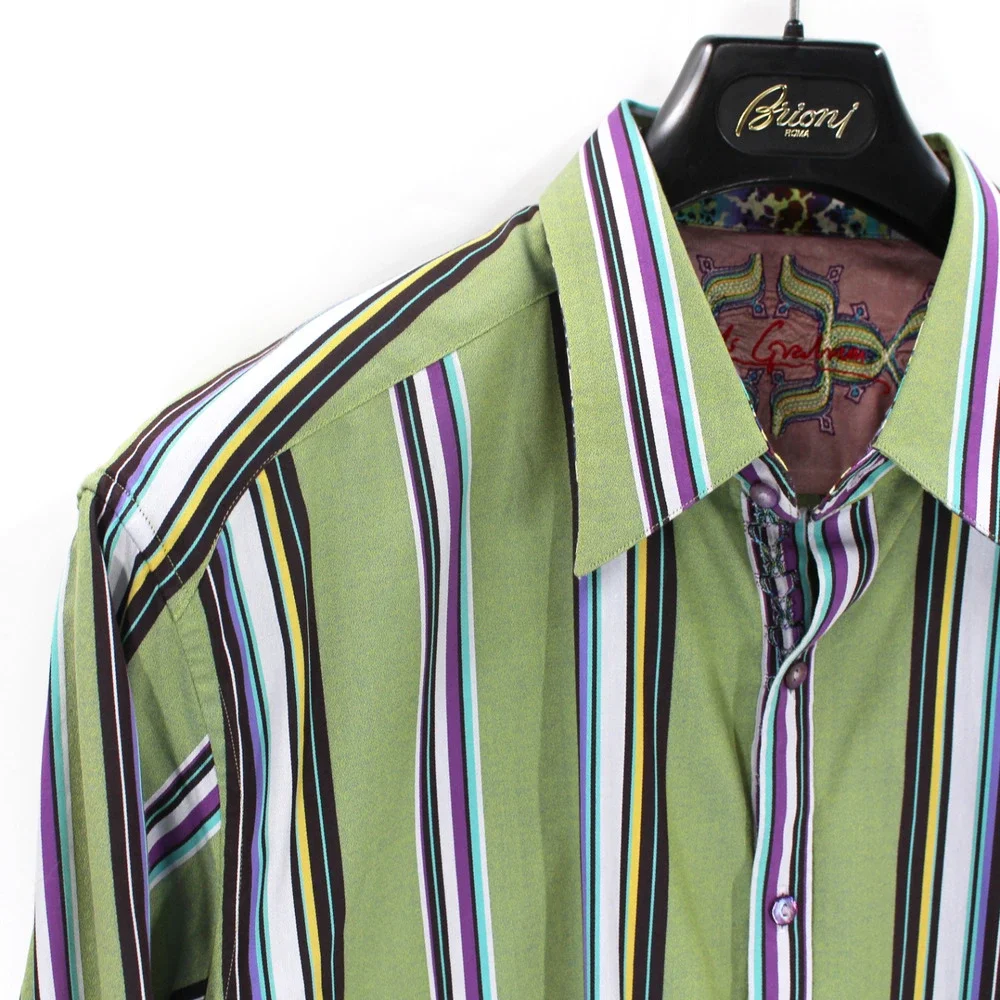 Robert Graham Green Color Stripe Cotton Flip Cuff Button Long Sleeve Shirt 2XL